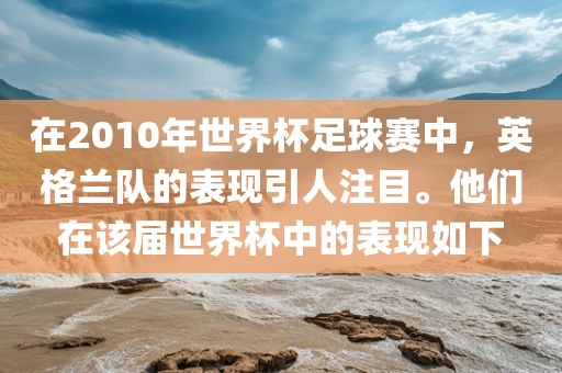 在2010年世界杯足球赛中，英格兰队的表现引人注目。他们在该届世界杯中的表现如下